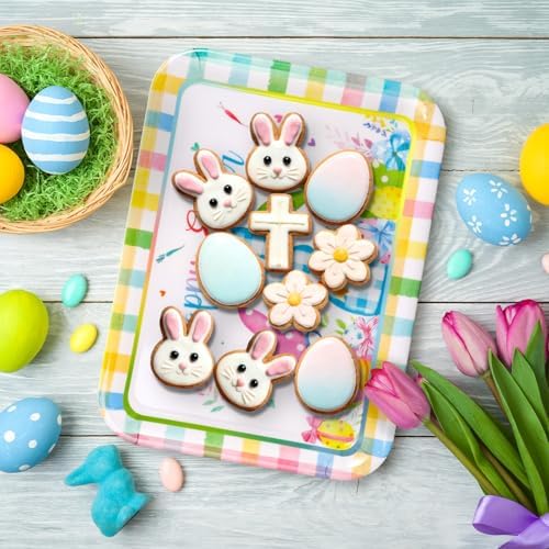 JarThenaAMCS 3Pcs Easter Serving Trays Reusable Serving Dishes Watercolor Pastel Plaid Rabbit Egg Platter for Spring Party Sharing Snacks Fruits Dessert, 13 x 10 Inch