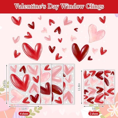 JarThenaAMCS Extra Large Valentine's Day Window Clings Window Stickers Pink Red Heart White Dot Double-Sided Glass Decals for Wedding Anniversary Party Wall Decor, 6 Sheets