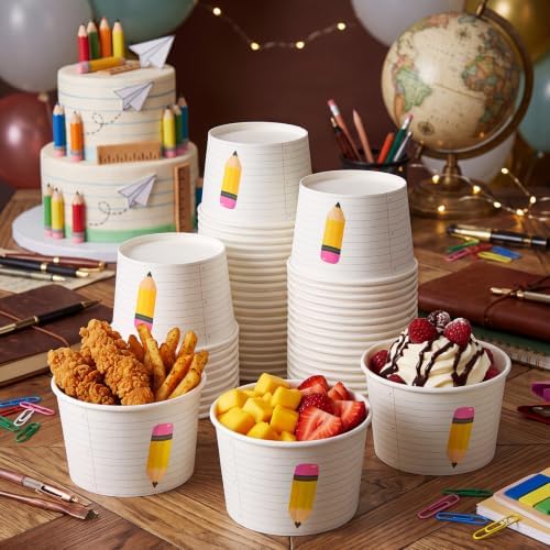 Maxdot 50 Pcs Back to Snack Bowls Cups 9 oz Pencil Notebook Line Paper Bowls First Day of School Disposable Ice Cream Dessert Cups for Classroom Party Supplies