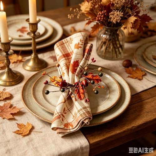 12 Pcs Fall Thanksgiving Napkin Rings Artificial Maple Leaf Acorn Berry Wreath Napkin Ring Holder Buckles for Autumn Harvest Party Thanksgiving Day Wedding Family Dinner Holiday Table Supplies