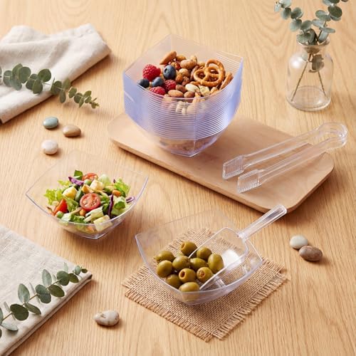Vesici 48 Pcs 8 oz Clear Plastic Candy Bowls 24 Pcs with 12 Scoops and 12 Tongs Square Dessert Candy Bowl Buffet Containers Disposable Party Ice Cream Salad Dish for Serving Food Appetizers Supplies