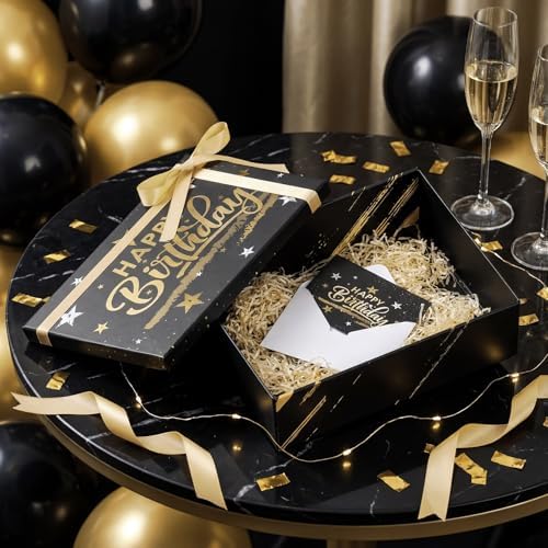 Ctosree Black Happy Birthday Gift Box with Lid for Presents, 13.5 x 10 x 4 Inch Gold Black Large Luxury Star Foldable Cardboard Box for Gift Packing, Contains Card, Envelope, Ribbon, Raffia Grass