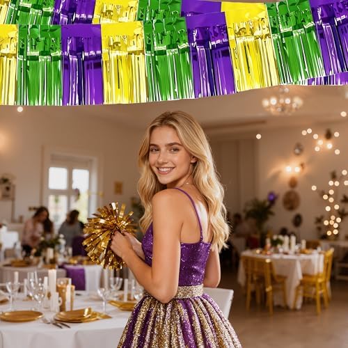 OHOME Mardi Gras Decorations - 2 Pack Gold Green Purple Streamers | Mardi Gras Party Favors Supplies Decor Indoor Outdoor - Masquerade Birthday Party Float Garlands Photo Booth Banner Backdrop,10 FT