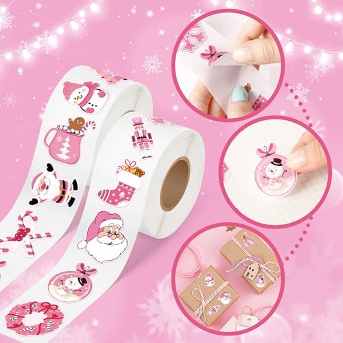 1000Pcs Pink Christmas Stickers Rolls Xmas Tree Santa Claus Nutcracker Snowman Self-Adhesive Decals Winter Wonderland Festive Holiday Party Favors DIY Crafts Gift Bottles Scrapbook Decor, 16 Designs
