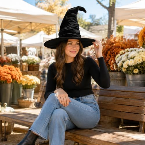 Large Ruched Witch Hat for Adults, Wide Brim Halloween Costume Accessory