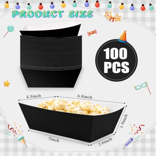 100 Pcs Black Paper Food Trays, Pre-Folded Disposable Food Boats for Popcorn, Candy, Fries, Nachos, Snacks, Black Party Serving Trays for Birthday, Movie Night, Halloween, BBQ Supplies