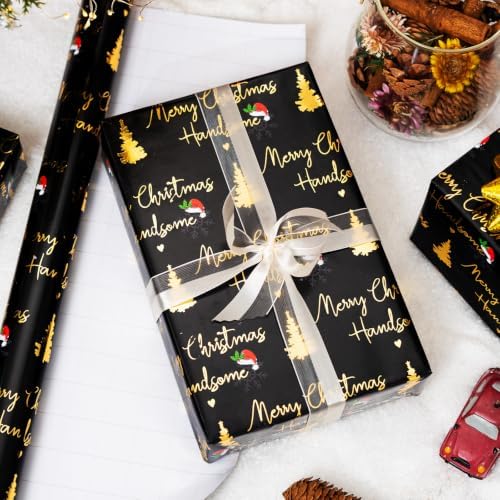 Yarcony Black and Gold Christmas Wrapping Paper for Men Boys, 17 In X 33Ft