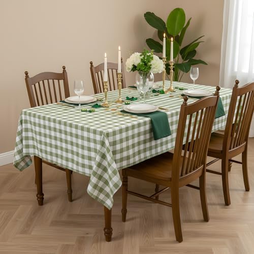 Green and White Gingham Tablecloth, Spring Plaid Waterproof Table Cover for St Patrick's Day, Indoor Dining, Kitchen Table, Garden Picnic, Washable Rectangle Tablecloth, W60 x L60 in