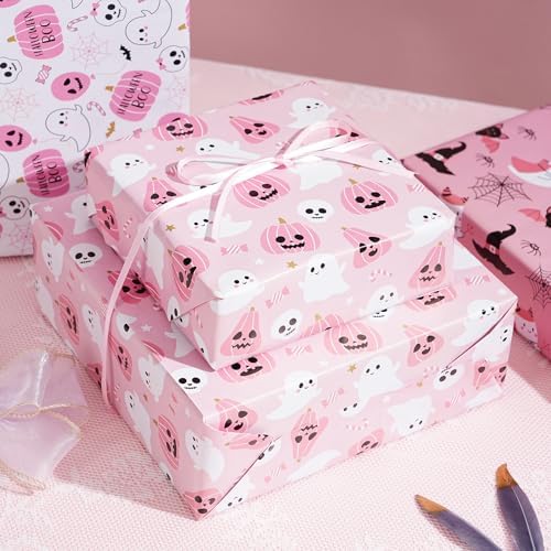 Ulmasinn Pink Halloween Wrapping Paper - Kawaii Spooky - Sweet Gift Wrap with Ghosts, Bats & Watercolor Pumpkins - 20x29-8 Sheets for Gift Bags & Party Favors