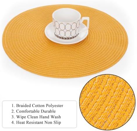 SHACOS 15 inch Round Braided Placemats Set of 6 Non Slip Washable Kitchen Table Place Mats Cotton Polyester Heat Resistant Table Mats for Home Wedding Dinner Party Table Decor, Mustard Yellow