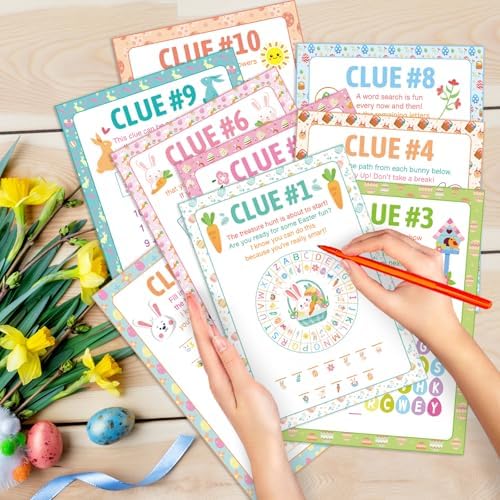 HOWAF 11pcs Outdoor Easter Hunt Clues Cards, Outdoor Easter Party Games Easter Scavenger Hunt with Friends, Family