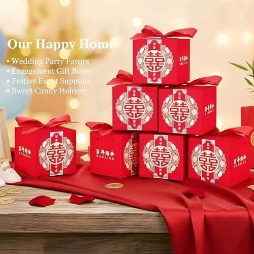 HannaFires 20PCS Chinese Wedding Candy Double Happiness Box - Party Favor Souvenir Decoration Box, Creative Square Favor Boxes for Parties, Traditional Style Gift for Guests, Thank-you Gift (Style 13 (20Pcs))