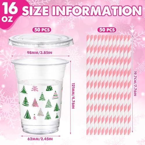 Funnymoom 50 Sets Christmas Disposable Plastic Cups Bulk with Lids Straws 16 oz Pink Green Xmas Tree Plastic Cups Cold Beverage Drinking Container for Xmas Holiday Juice Hot Cold Drinks