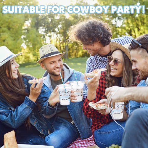 Funnymoom 50 Sets First Rodeo Cowboy Party Supplies Blue Cowboy Plastic Cups with Lids and Straws 16 oz Clear Disposable Drinking Cups Bulk for Western Baby Shower 1st Birthday Party Supplies