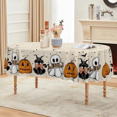 Horaldaily Halloween Tablecloth 60 x 84 Inch Oval Jack-O-Lantern Ghost Cat
