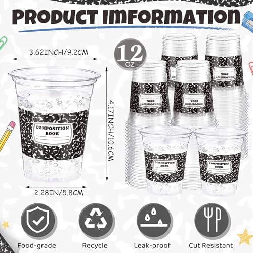 Funnymoom 60 Pack Back to School Cups, Black Composition Book Design, 12oz