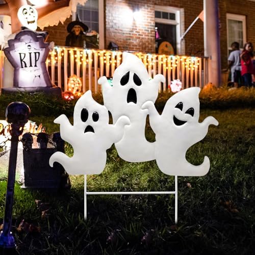 YIYA Halloween Garden Decorations Metal Halloween Ghost Yard Signs with Stake Outdoor Decorations Signs for Lawn Decor Yard Garden Decor