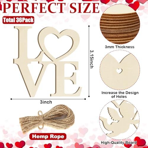 36PCS Wooden Heart Ornaments to Paint Valentine's Day Craft,9 Styles DIY Blank Unfinished Wood Heart Cutouts Ornament for Crafts Spring Tree Hanging Decorations Love