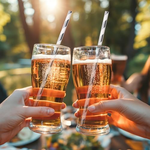 Silver and White Striped Paper Straws, 7.75 inch Disposable Drinking Straws for Cocktails, Brithday, Weddings - 100% Biodegradable & Compostable