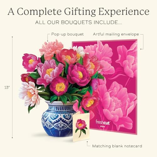 Freshcut Paper Peony Paradise 13 Inch Life-Sized 3D Pop Up Card – Birthday, Mothers Day, Thank You, Gifts for Mom and Her – Includes Notecard and Envelope