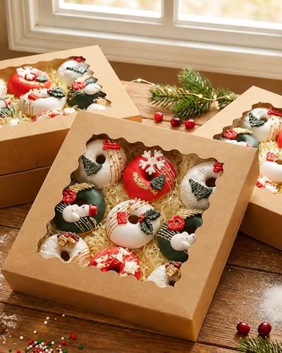 qiqee 10x10x2.5 Inch Brown Pie Boxes with Window 12Packs Cookie Donut Bakery Box (Auto-pop Up)