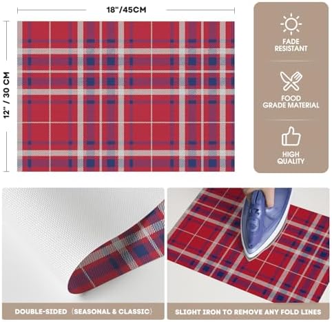 Artoid Mode Red Striped Check Memorial Day Vinyl Placemats Set of 4,Heat Resistant Non-Slip Woven Plastic PVC Place Mats for Party Kitchen Dining Decor