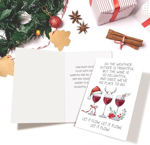 Funny Wine Christmas Card for Women Men, Humorous Christmas Card for Wine Lover, Merry Xmas Cards Gift for Friends Family, Let It Flow