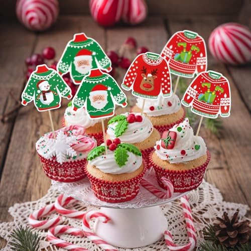 Ugly Sweater Cupcake Toppers, 40 PCS Christmas Ugly Sweater Cupcake Toppers Party Decorations, Christmas Holiday Cake Decoration Food Picks Topper for Xmas Birthday Holiday Party Decorations Supplies