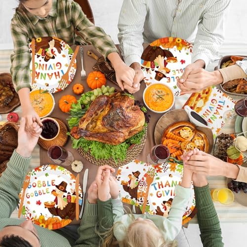 Thanksgiving Turkey Party Tableware Decorations Happy Thanksgiving Day Gobble Turkey Pie Disposable Paper Plates,Napkins,Cups,Forks and Knifes,Serve 24 for Autumn Themed Party Supplies Kit