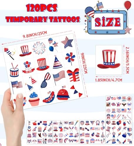 HSHFAMIIY 4th of July Outfits for Women - 4th of July Temporary Tattoos, 120 PCS USA Flag Patriotic Tattoos, USA Flag, Fireworks, Eagle, Statue of Liberty, Independence Day, Memorial Day