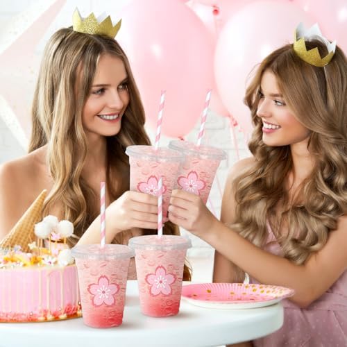 Whaline 50Pcs 12Oz Pink Cherry Blossom Disposable Plastic Cups with Lids and Straws Cute Sakura Cold Beverage Drinking Cups for Spring Wedding Birthday Party Supplies