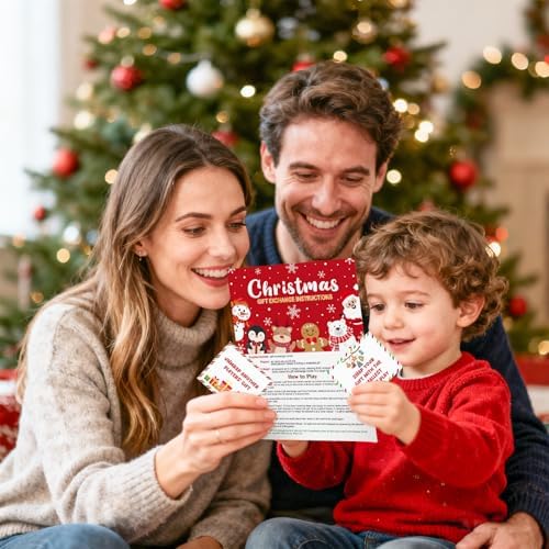 61 Pcs Christmas Gift Exchange Game Cards Merry Christmas Party Games White Elephant Gift Exchange Card Xmas Holiday Present Swap for Adults Large Group Family Women Men Coworker Supplies Winter Paper