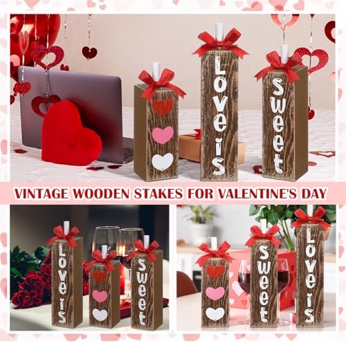 Redbaker 3pcs Valentine's Day Table Centerpieces Valentines Office Decor Wooden Block Sign Love Is Sweet Table Decoration Rustic Farmhouse Red Pink Heart Tiered Tray Decor for Home Office Mantel Desk
