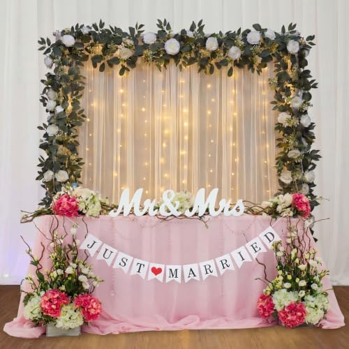 5 Pcs Just Married Decorations Kit, All-in-one Wedding Decor with 10.5 x 8.2ft White Tulle Backdrop with Lights, Mr and Mrs Sign, 2 Flower Garlands, Wedding Banner for Reception, Party