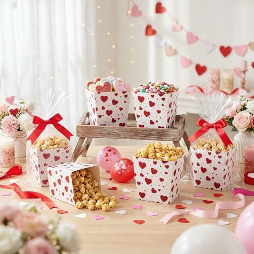 Pajean 24 Sets Valentine's Day Popcorn Boxes with Cellophane Bags & Ribbon