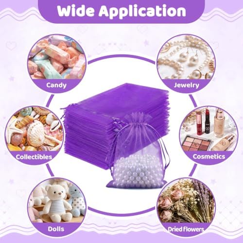 FUNFERY 100PCS Purple Organza Gift Bags 6x9in,Drawstring Pouch for Jewelry