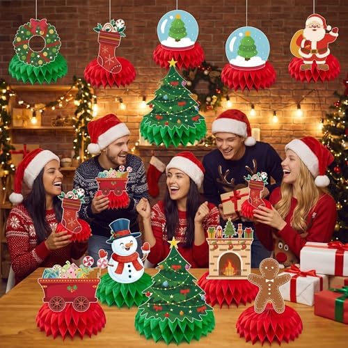 Christmas Decorations - Santa Snowman Stocking Christmas Tree Honeycomb Centerpieces
