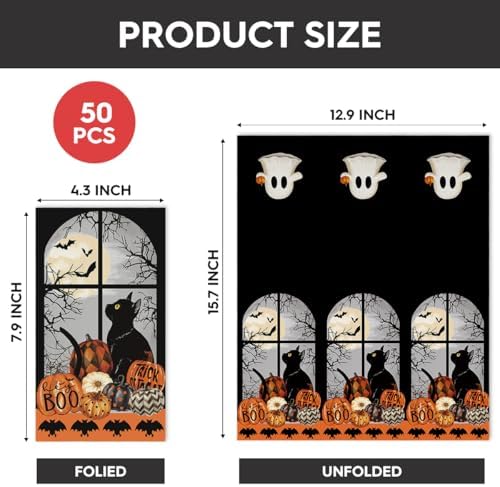 Horaldaily 50Pcs Halloween Paper Napkins, Buffalo Plaid and Dots Pumpkin Moon Cat Bats