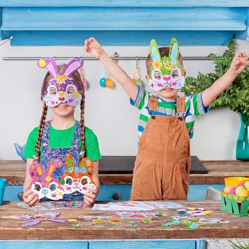Funrous 48 Sets Crafts Kit Paper Crafts DIY Make Your Own Hanging Ornaments with Pompoms Diamond Stickers for Holiday Classroom Activities Party Favors, Easter Mask