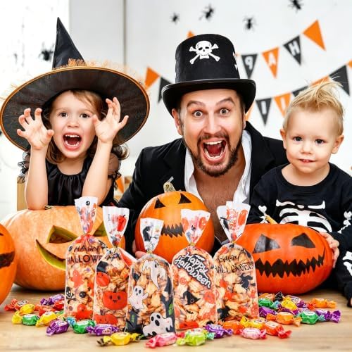 Halloween Cellophane Treat Bags, Halloween Candy Bags, Halloween Goodie Bags, Plastic Clear Goody Snack Cookie Packing Gift Bags with Ties for Kids Halloween Trick or Treat Party Favors Supplies,50Pcs