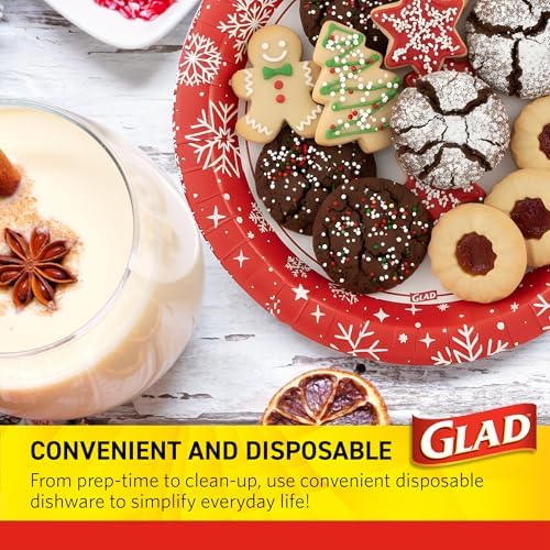 Glad Disposable Paper Plates, Holiday Red Snowflake, 10 Inch, 20 Count