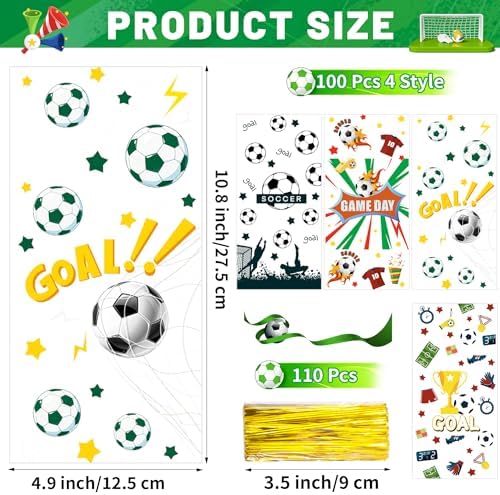 QOIUSO 100PCS Soccer Cellophane Treat Bags - Clear Plastic Goodie Bags with 110 Gold Twist Ties - Soccer Party Favor Bags for Snacks, Game Day, Sports Events, Birthday & School Activities