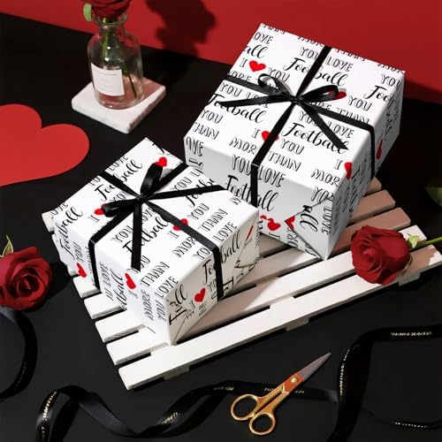 WRAPAHOLIC Funny Valentines Day Wrapping Paper Roll - Mini Roll - 17 Inch x 16.5 Feet - I Love You More Than Football Wrapping Paper for Valentine's Day, Anniversary, Sports Lover, Boyfriend