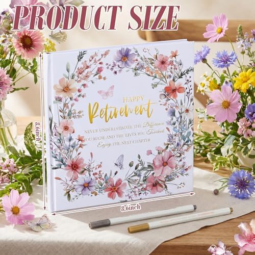 Retirement Guest Book with 2 Markers 8.7'' Square, White, Flowers