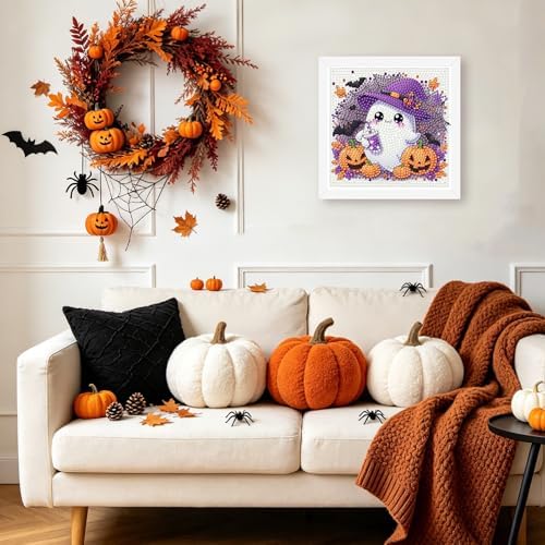 Halloween Ghost Diamond Art Painting Kits for Kids with Frame, Diamond Painting Kits for Kids Ages 4-8-12, Easy Gem Arts and Crafts Gift for Girls Boys Adult Beginners Home Wall Decor(7x7inch)