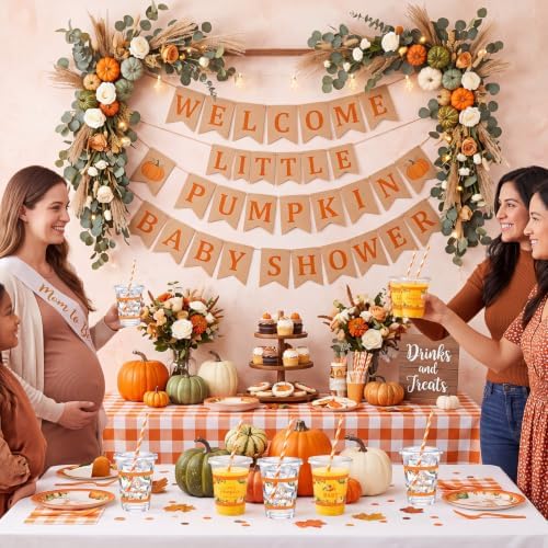 Jingmore 50 Pcs Little Pumpkin Party Disposable Plastic Cups 12 oz with Lids Straws Themed Party Supplies Plastic Tumbler for Birthday Table Decorations Favors(Orange and White)