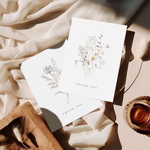 AUDREE Wildflower Thank You Cards with Envelopes (50 Pack 3.5" x 5.2") – Floral Thank You Notes with Adhesive Envelopes & Matching Stickers for Weddings, Baby & Bridal Showers