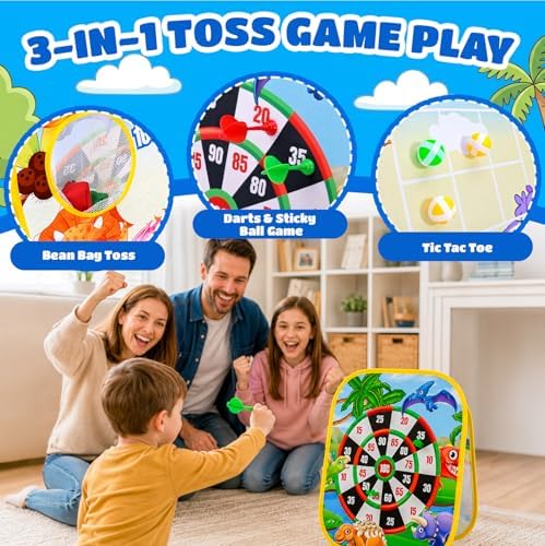 3 in 1 Bean Bag Toss Game for Kids, Dinosaur Cornhole Board with Magnetic Dart Board, Sticky Ball Tic Tac Toe, Outdoor Toys for Kids Ages 3-8, Backyard Beach Party Games Birthday Gifts for Boys Girls