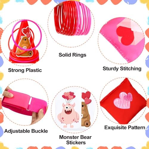 39Pcs 4 in 1 Valentines Day Party Games for Kids with Ring Toss, Plastic Cones, Bean Bags, 3-Legged Race Bands, Stickers, Carnival Valentine's Games Activity Combo Set for Classroom Indoor Outdoor