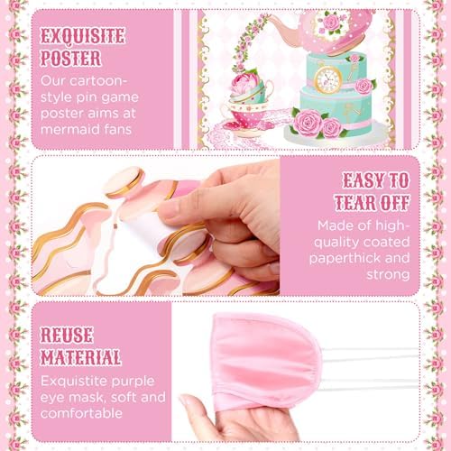 Faccito Tea Party Games Pin The Lid on The Teapot with 24 Lid Stickers Pink Blindfold Floral Poster Pin Games Set Birthday Decorations for Women Let's Par Tea Birthday Party Activity Supplies